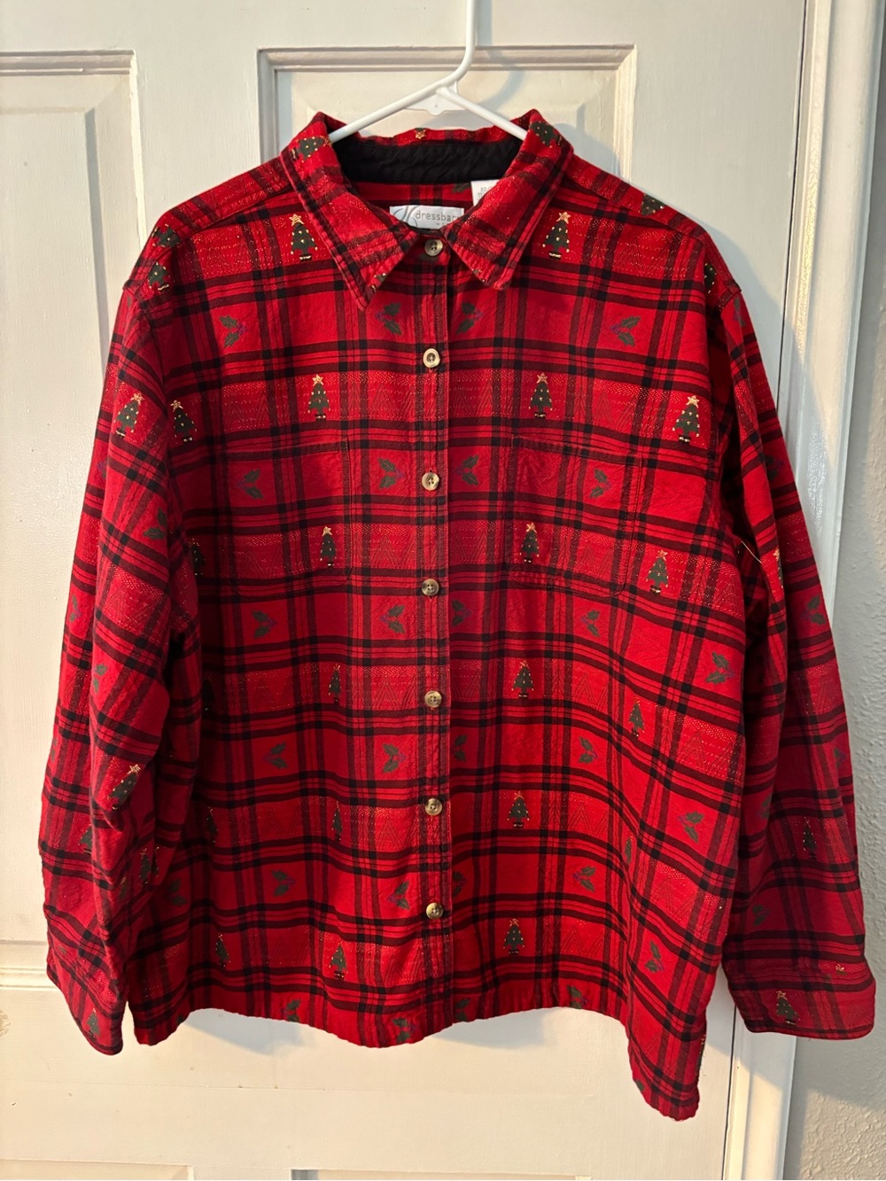 Dressbarn Woman Plus 22/24 Red Plaid Christmas Tree Button-Up Long Sleeve Top